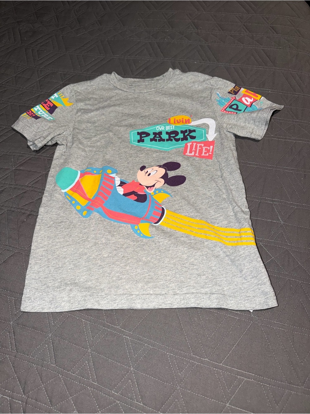 Disney Gray Kids Tee with Colorful Mickey Rocket Graphic